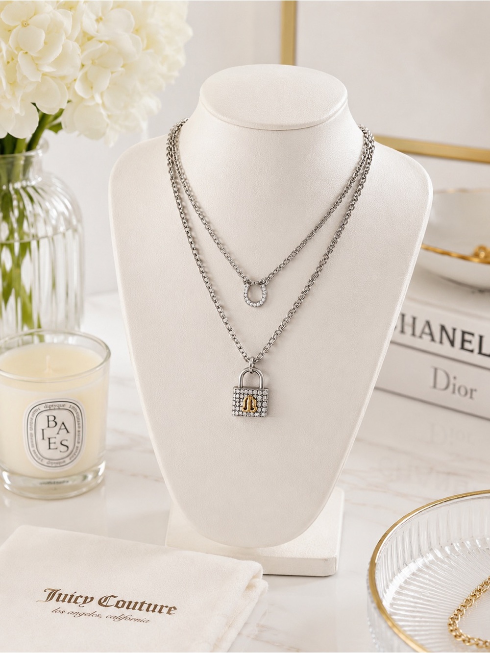 Juicy Couture Silver Gold Layered Padlock Necklace Crystal Horseshoe Charm NWT